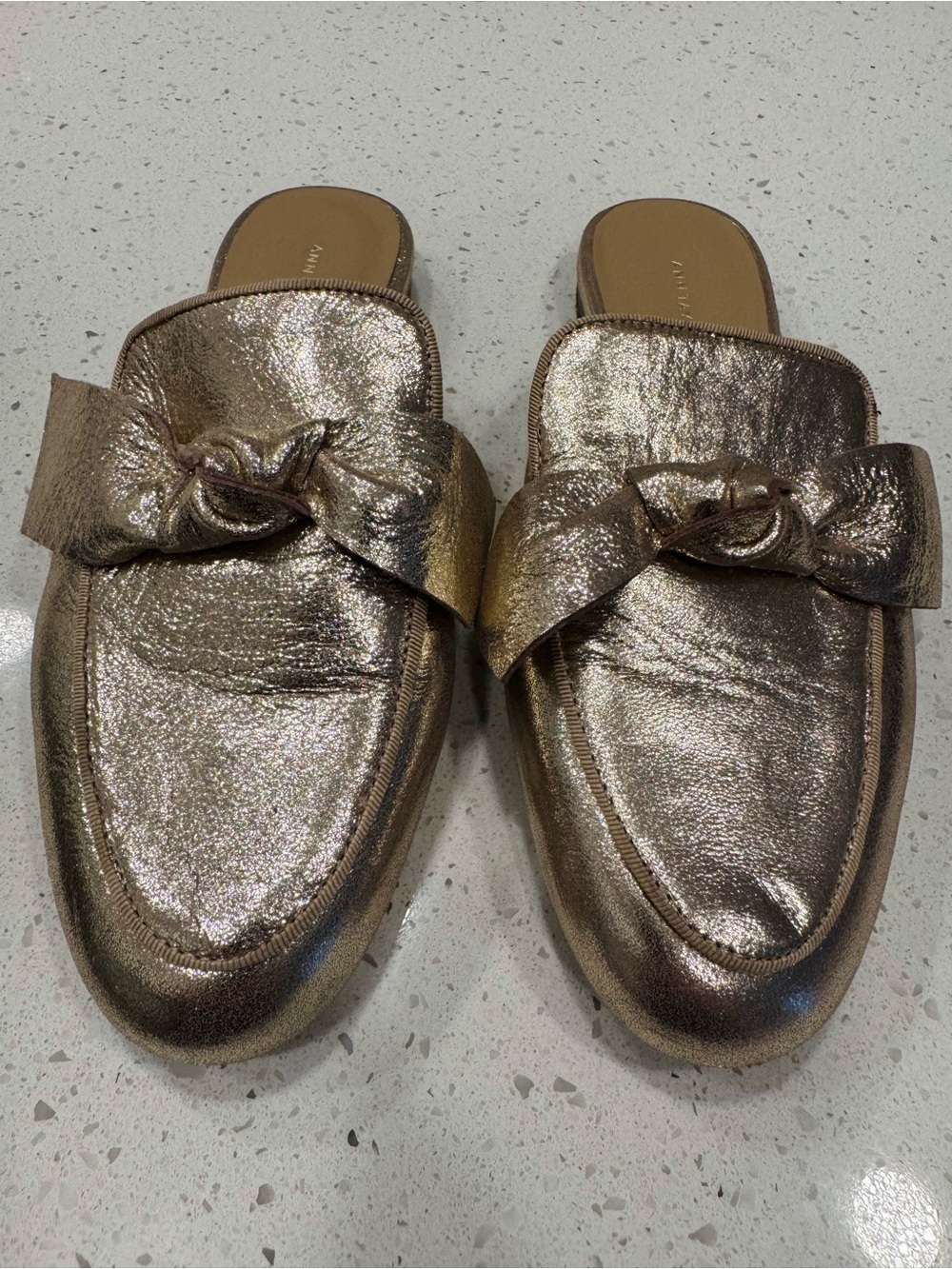 Ann Taylor Metallic Bow Rose Knot-Front Slip-On Mule/Slides